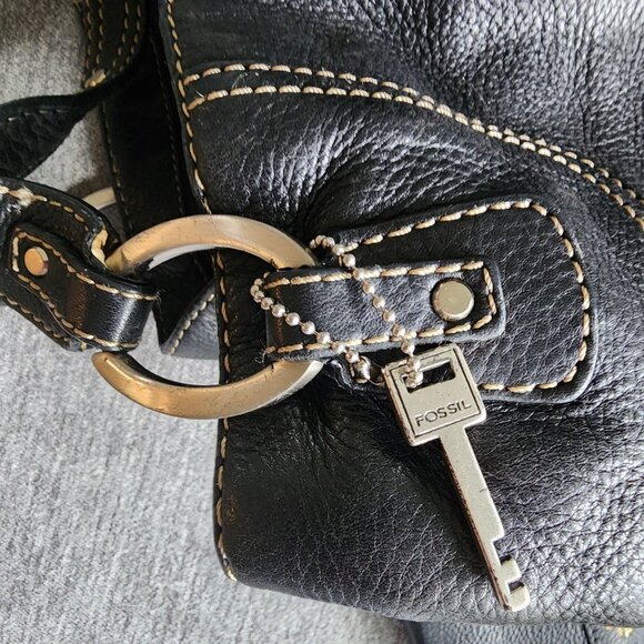 VTG Large Fossil 75082 Black Pebbled Leather Classic Style Handbag W Free Wallet - Picture 6 of 15